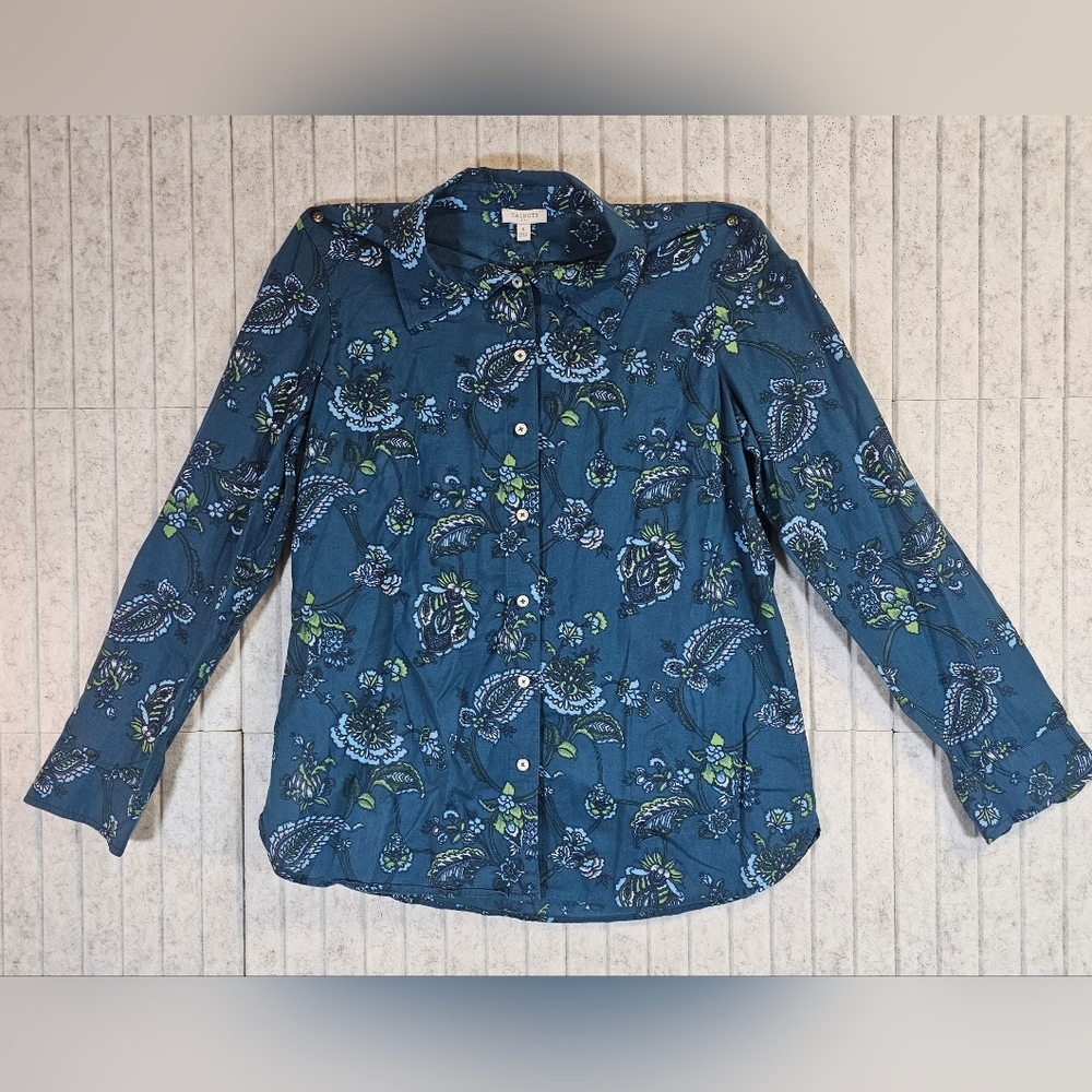 Talbots Floral Button Down Shirt Women’s Small Blue Green Paisley Print
